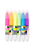 Six paint sticks in a row, each with a different bright color: pink, orange, yellow, green, blue, and purple. They have clear caps, textured grip sections, and a geometric pattern band with black and white stripes.