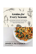 The cover of the book 'Grains for Every Season' by Joshua McFadden, featuring a title and subtitle, author's name, and a dish made with grains.