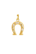 A gold horseshoe-shaped pendant charm decorated with clear baguette and round-cut gemstones, shown on a clean white background.