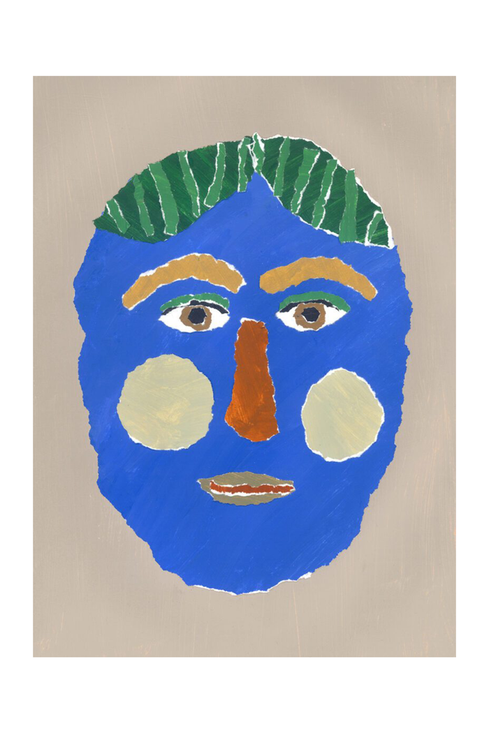 Abstract face drawing with blue face, green hair, and brown and orange accents on a beige background