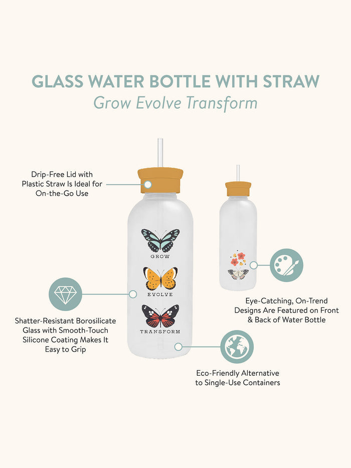 Grow Evolve Transform Glass Water Bottle with Straw