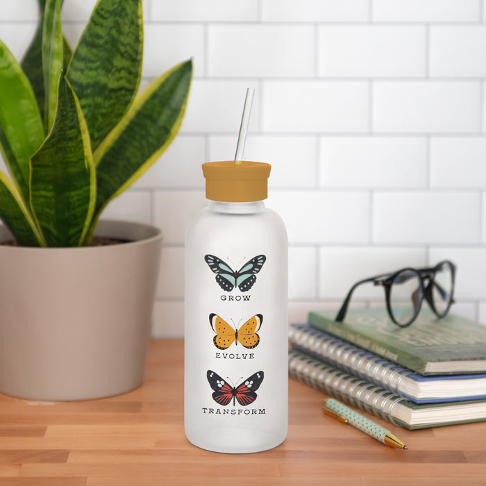 Grow Evolve Transform Glass Water Bottle with Straw