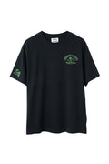 A black short-sleeve t-shirt with green graphic prints on the left chest and left sleeve, displayed flat against a white background.
