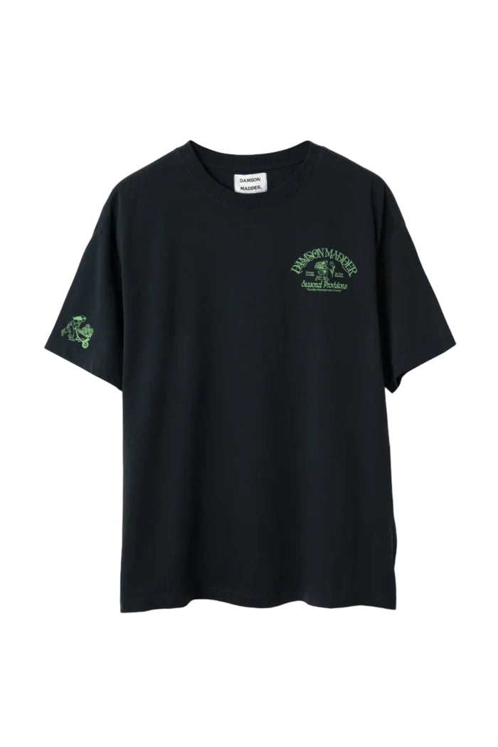 A black short-sleeve t-shirt with green graphic prints on the left chest and left sleeve, displayed flat against a white background.