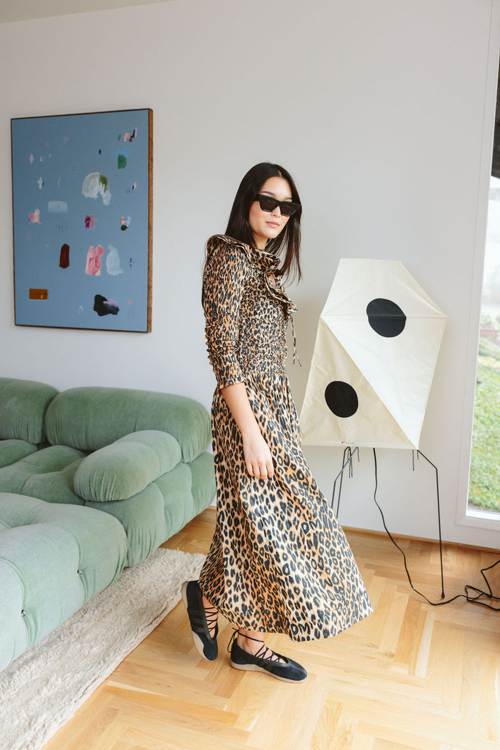 Harper Shirred Midi Dress (Leopard)