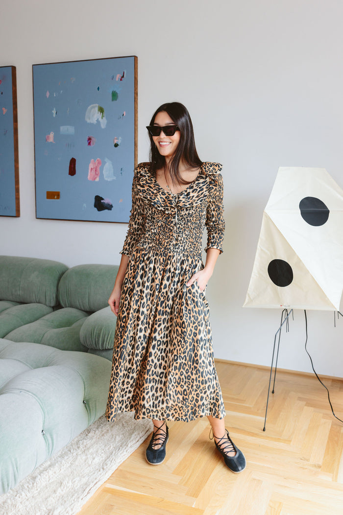 Harper Shirred Midi Dress (Leopard)