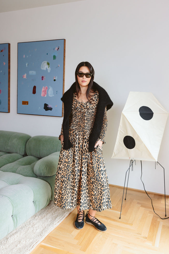 Harper Shirred Midi Dress (Leopard)