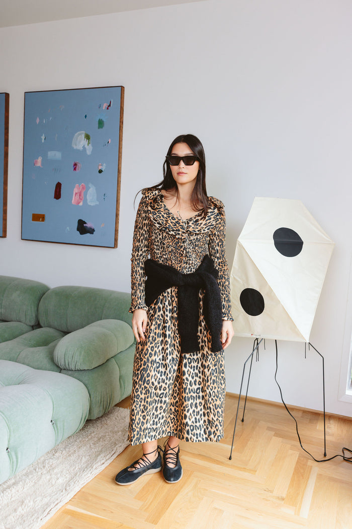 Harper Shirred Midi Dress (Leopard)