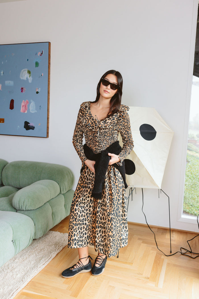 Harper Shirred Midi Dress (Leopard)