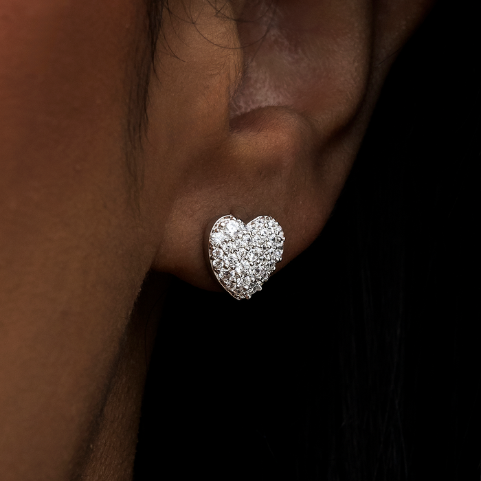 Heart Pave Stud Earrings - White Gold