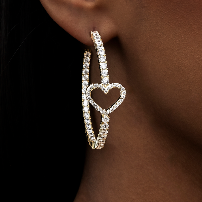 Heart Tennis Hoop Earrings - Yellow Gold