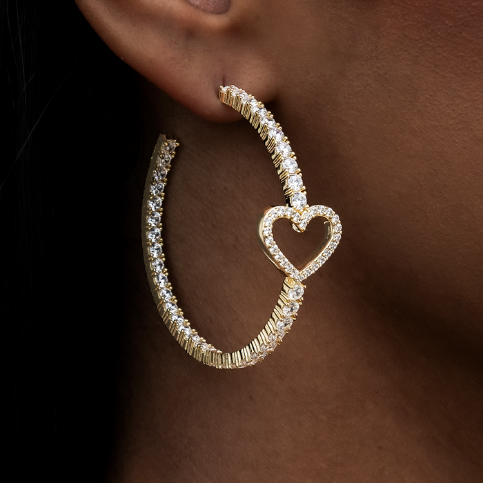 Heart Tennis Hoop Earrings - Yellow Gold