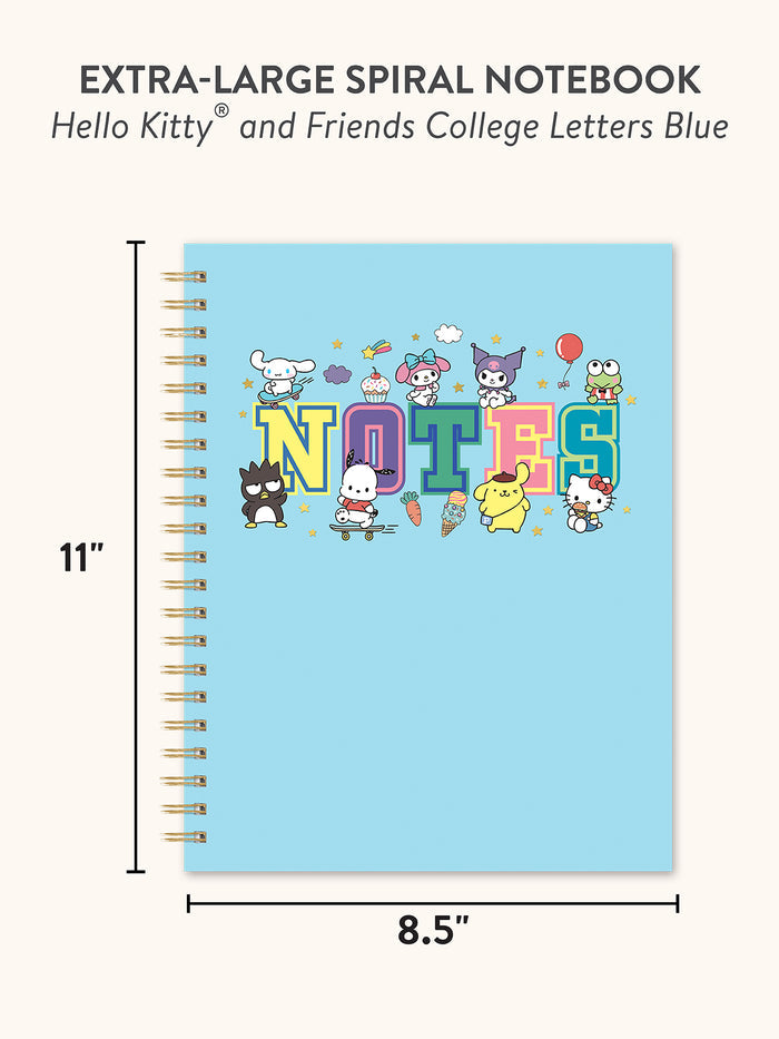 Hello Kitty and Friends College Letters Blue Extra-Large Spiral Notebook with Pocket & Sticker Sheet