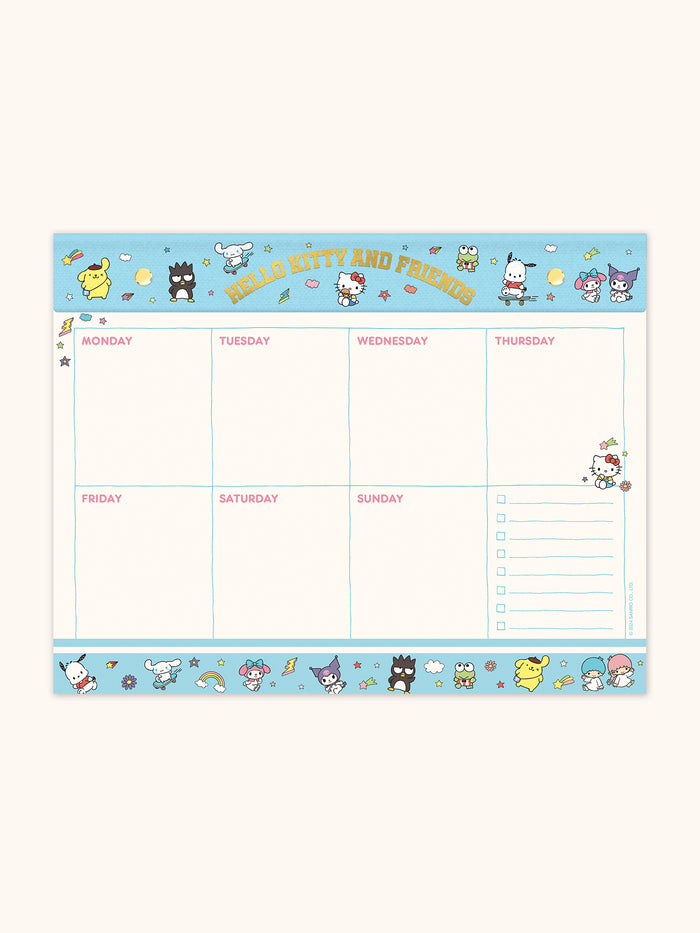 Hello Kitty and Friends College Letters Blue Weekly Desk Pad with Grommets & Sticker Sheet
