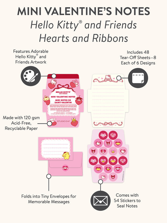 Hello Kitty and Friends Hearts and Ribbons Foldable Note Cards with Stickers