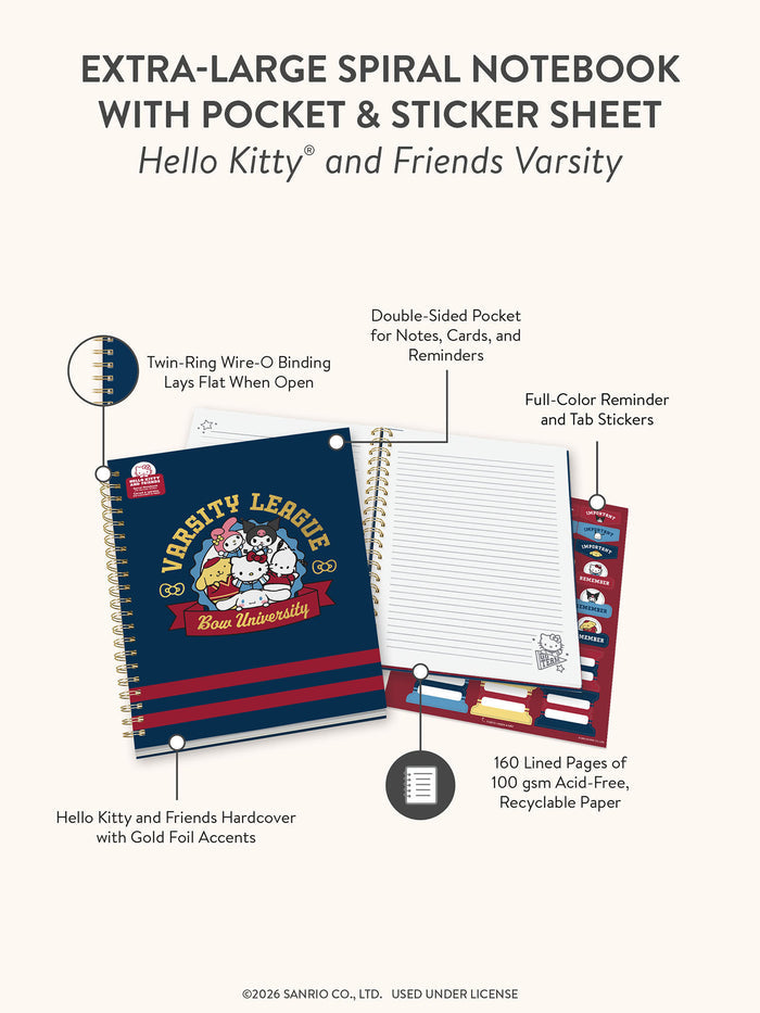 Hello Kitty and Friends Varsity Extra-Large Spiral Notebook with Pocket & Sticker Sheet