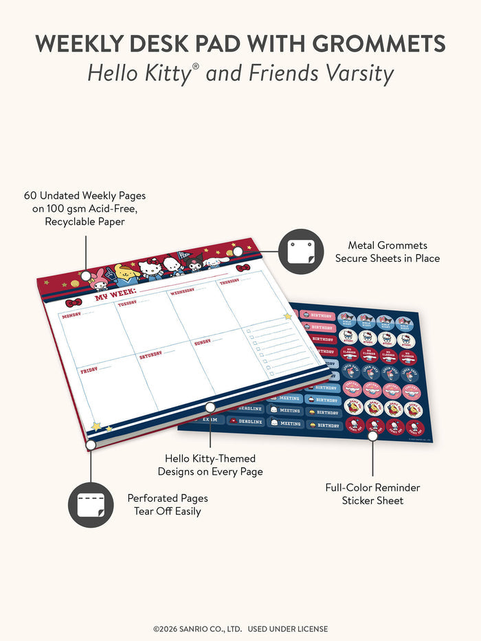 Hello Kitty and Friends Varsity Weekly Desk Pad with Grommets & Stickers