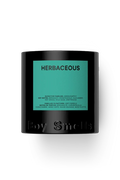 A matte black candle jar with a prominent teal-green label reading 'HERBACEOUS' and embossed 'Boy Smells' at the bottom, shown on a clean white background.