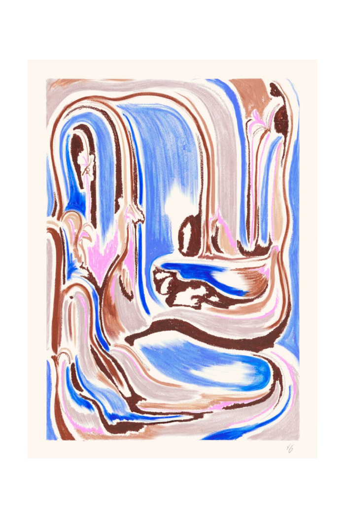 Abstract artwork with flowing lines in brown, blue, and pink on a white background