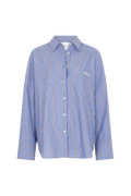 Light blue button down shirt with orange and white stripes on a white background