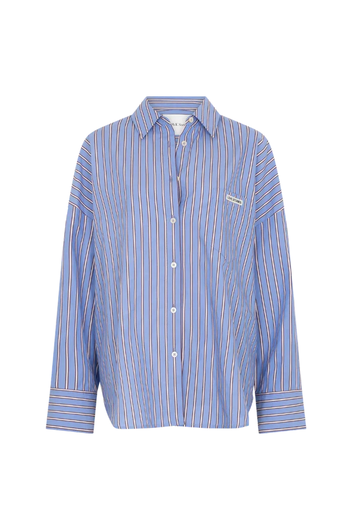 Light blue button down shirt with orange and white stripes on a white background