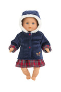 A doll wearing a navy blue hooded jacket with white faux-fur trim, red buttons, and a red plaid skirt, shown against a plain white background.