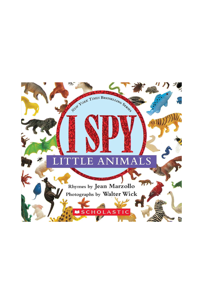 Front cover of the children's book 'I Spy Little Animals' by Jean Marzollo and Walter Wick, published by Scholastic. The cover features a white background filled with colorful illustrations of various animals, with the title 'I SPY LITTLE ANIMALS' centered in a red and blue circular frame.
