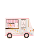 Ice cream truck-shaped product packaging with pink and white design on a white background