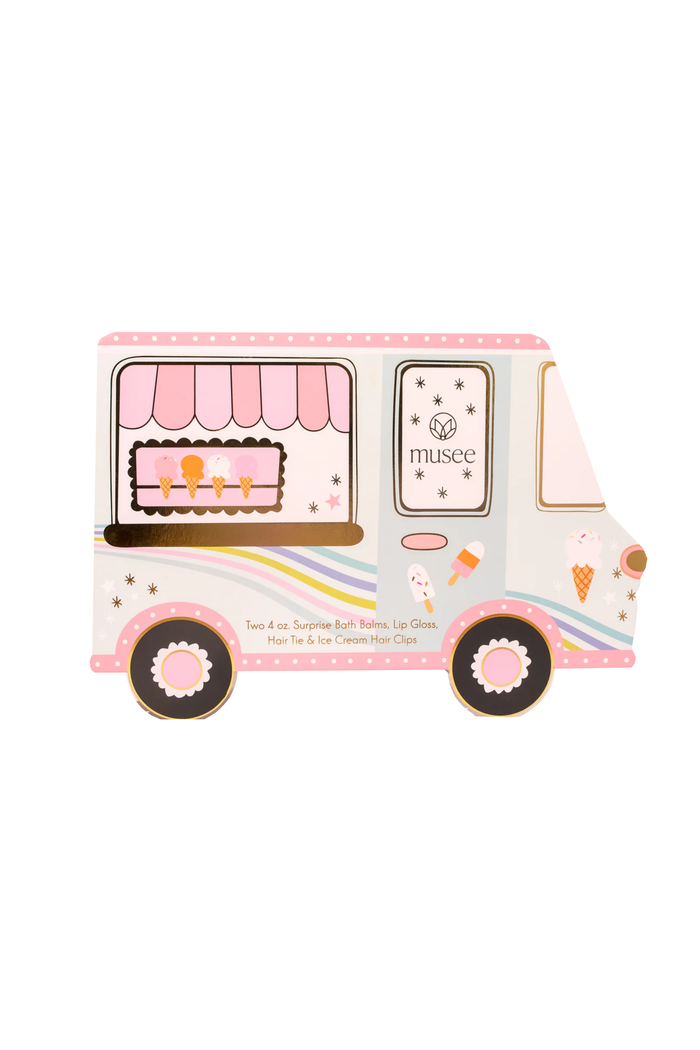 Ice cream truck-shaped product packaging with pink and white design on a white background