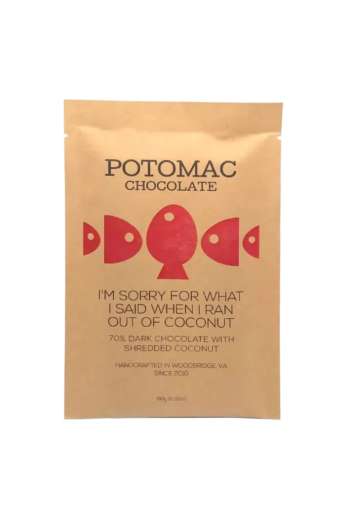 POTOMAC CHOCOLATE packaging with red fish illustrations and text on a brown background