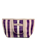 Striped tote bag with purple and beige pattern on a white background