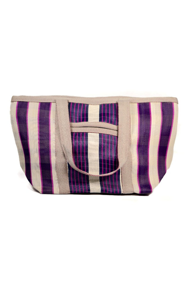 Striped tote bag with purple and beige pattern on a white background