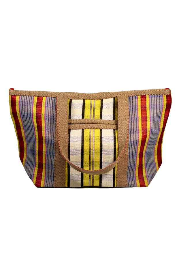 Striped beach bag with a handle on a white background