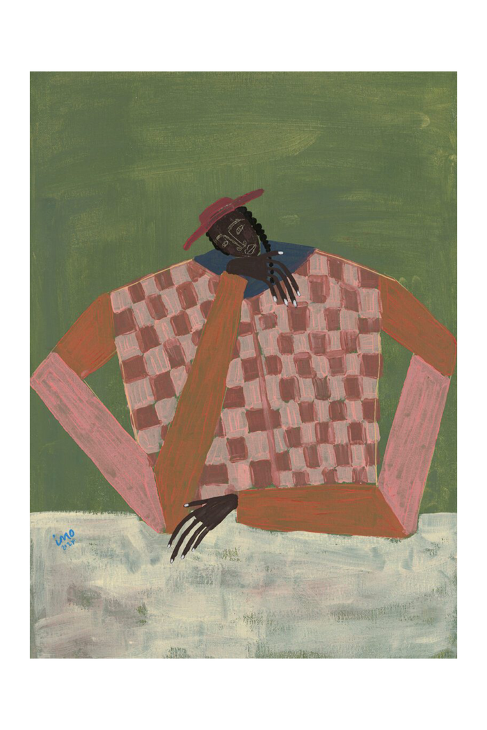 Artistic depiction of a person wearing a checkered shirt and red hat against a green and white background