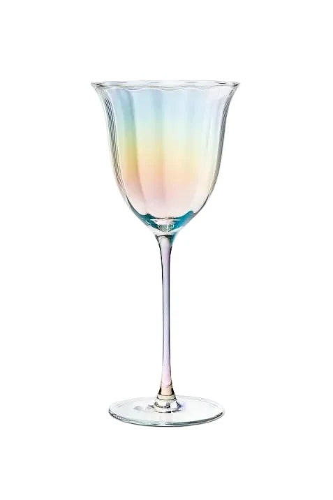Scalloped wine glass with a subtle rainbow sheen.