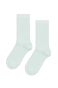 A pair of ribbed crew socks in a very pale mint green, shown flat against a plain white background.