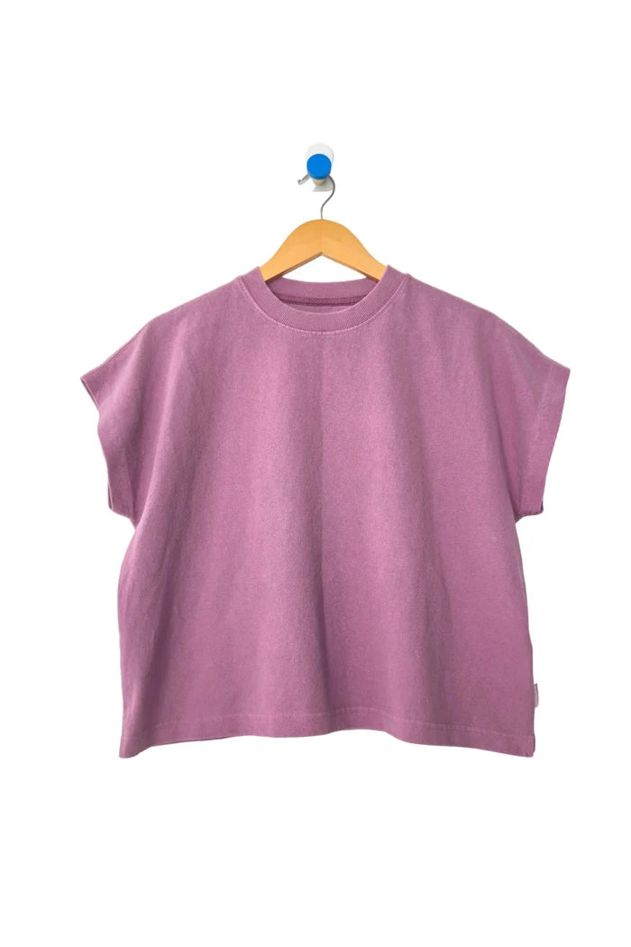 Purple t-shirt on a wooden hanger against a white background