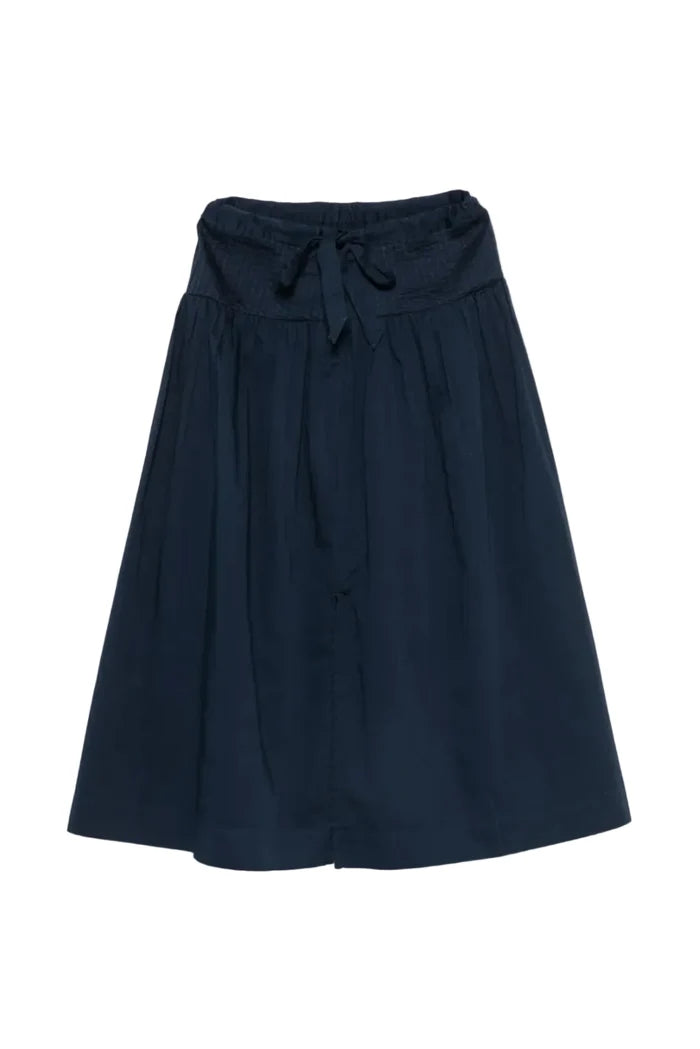 A dark navy blue A-line skirt with a gathered elastic waistband and a matching fabric drawstring, shown against a plain white background.