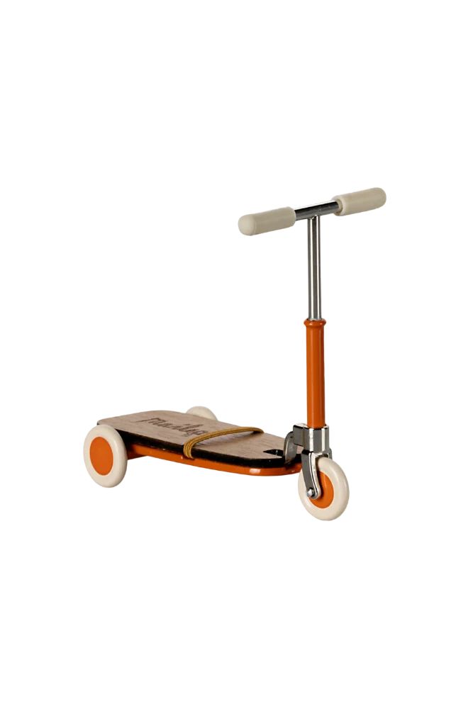 Children's scooter with wooden deck and orange accents on a white background
