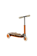Children's scooter with wooden deck and orange accents on a white background