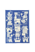 A blue and white kitchen towel with a colorful monochrome design featuring various cats in different kitchen utensils and poses.