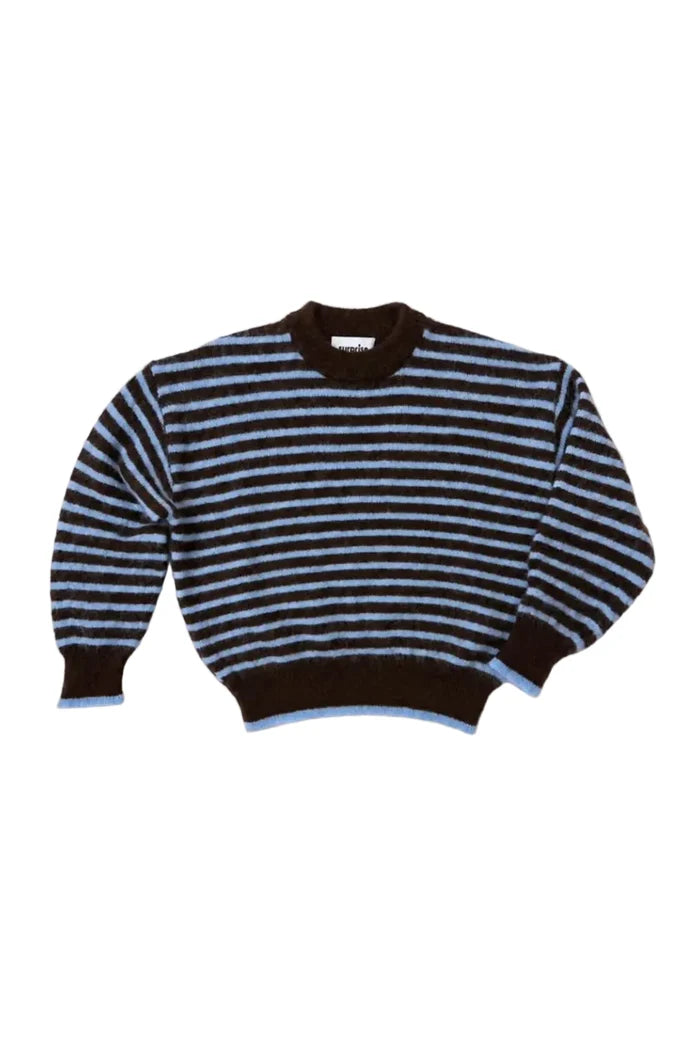 A cropped knit sweater with horizontal brown and light blue stripes, featuring solid dark brown ribbed cuffs, collar, and hem, laid flat on a white background.