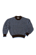 A cropped knit sweater with horizontal brown and light blue stripes, featuring solid dark brown ribbed cuffs, collar, and hem, laid flat on a white background.