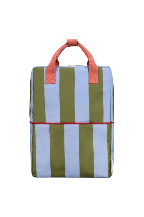 Backpack with green and blue striped pattern on a white background