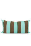 Striped pillow with brown and light blue stripes on a white background