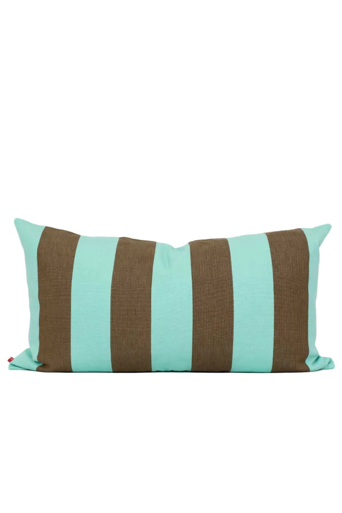 Striped pillow with brown and light blue stripes on a white background