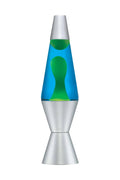 Lava lamp with blue and green liquid in a silver base on a white background
