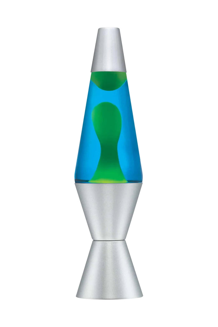 Lava lamp with blue and green liquid in a silver base on a white background