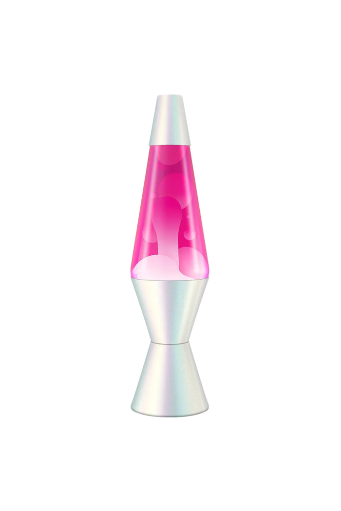 Pink lava lamp with silver base on a white background