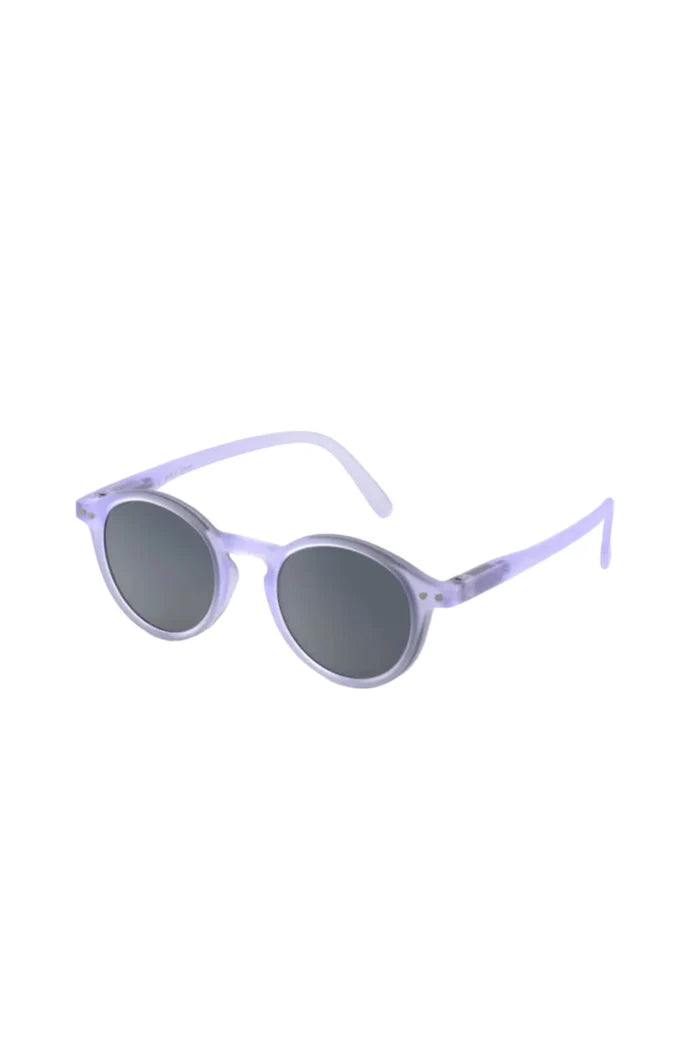 Sunglasses with purple frame and dark lenses on a white background